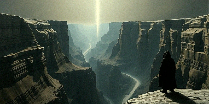 A lonely figure standing on the edge of a colossal architectural structure looking into the vast blue fog